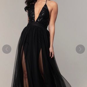 Black Prom dress with slit and black sequins.